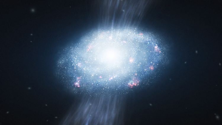 Akkretion: Eine junge Galaxie saugt Gas aus der Umgebung auf und bildet zahlreiche Sterne.
