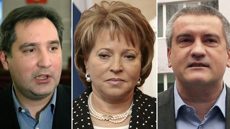 Von den Sanktionen betroffen: Der russische Vizeregierungschef Dmitri Rogosin (l.), die Vorsitzende des russischen Föderationsrats, Valentina Matwijenko und der Regierungschef der Krim, Sergej Aksjonow. 
