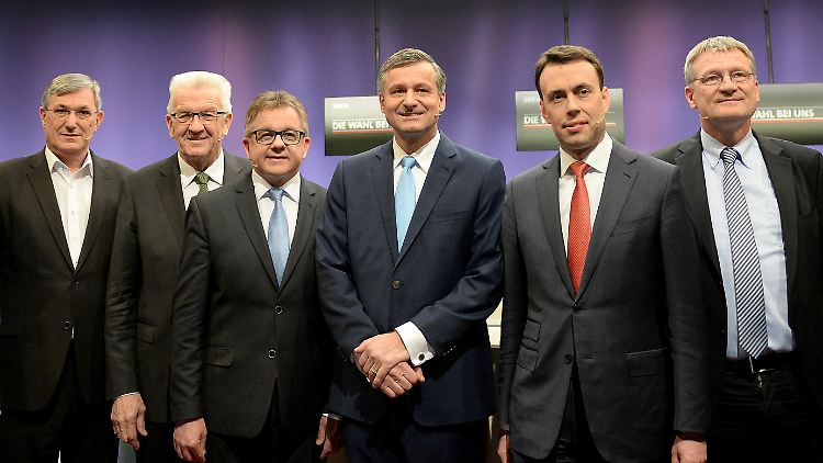 Die Spitzenkandidaten in Baden-Württemberg: Riexinger, Kretschmann, Wolf, Rülke, Schmit und Meuthen (v.l.).