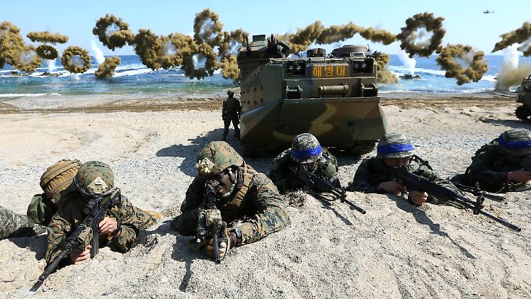 US-Marine-Soldaten und ihre südkoreanischen Kameraden (zu erkennen am blauen Band) üben gemeinsam.
