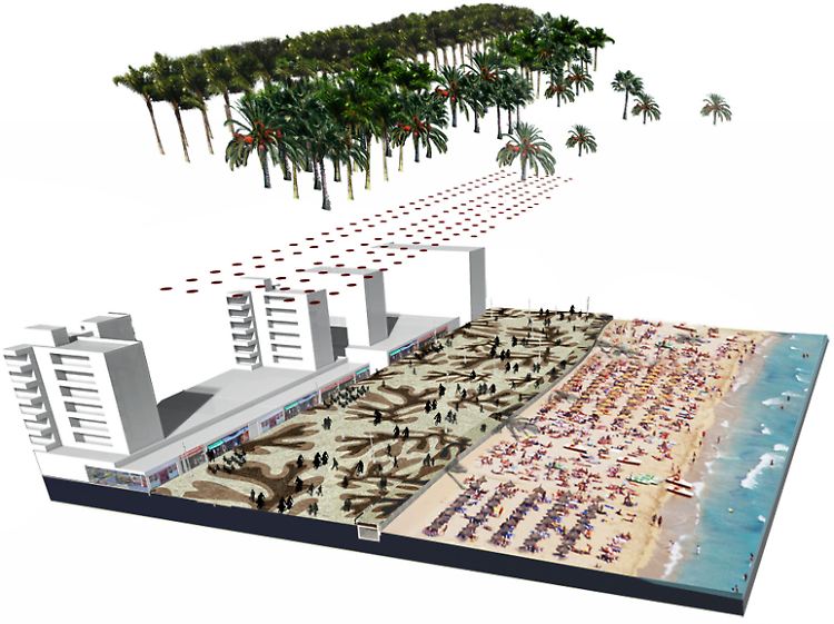 Die Fotomontage zeigt die Planungen für den Strand in Palma de Mallorca - mit Mosaikboden und Palmenallee.