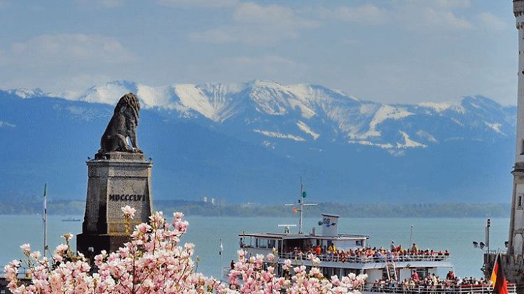 In der Ferne schimmern die schneebedeckten Gipfel der Alpen.