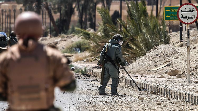 Russische Spezialisten suchen in Palmyra nach Minen. Einige sollen sogar in den Asphalt eingelassen worden sein.