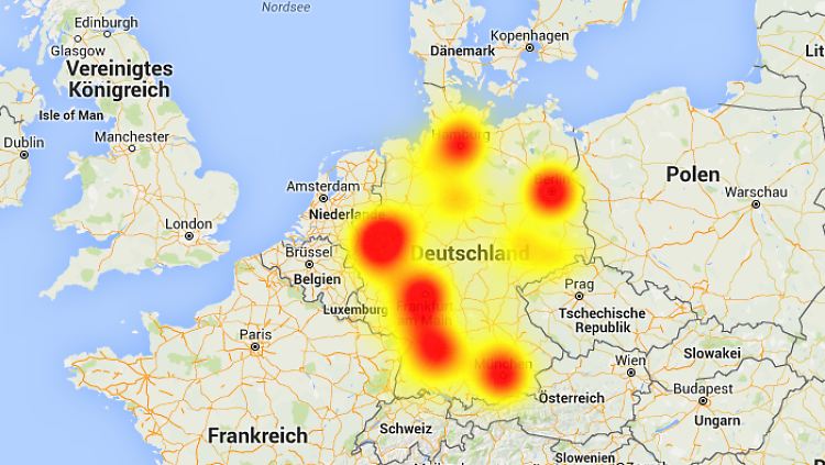 Die Störungskarte zeigt Fehlermeldungen vor allem in den Ballungsräumen. 