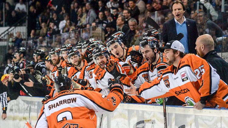 Kollektiver Jubel: Die Eishockeyspieler aus Wolfsburg stehen im Endspiel.