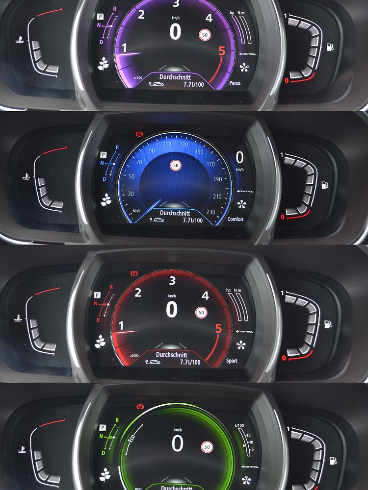 Die Fahrmodi werden mit unterschiedlichen Farben in der Ambientebeleuchtung und in der Matrix untermalt.
