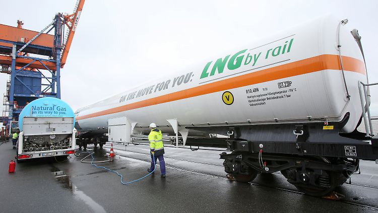 Beladung des Kesselwaggons mit LNG.