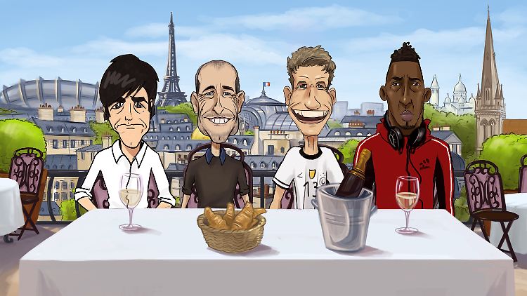Fronkreisch, Fronkreisch: Joachim Löw, Ex-Nationalspieler Mehmet Scholl, Thomas Müller und Jérôme Boateng.