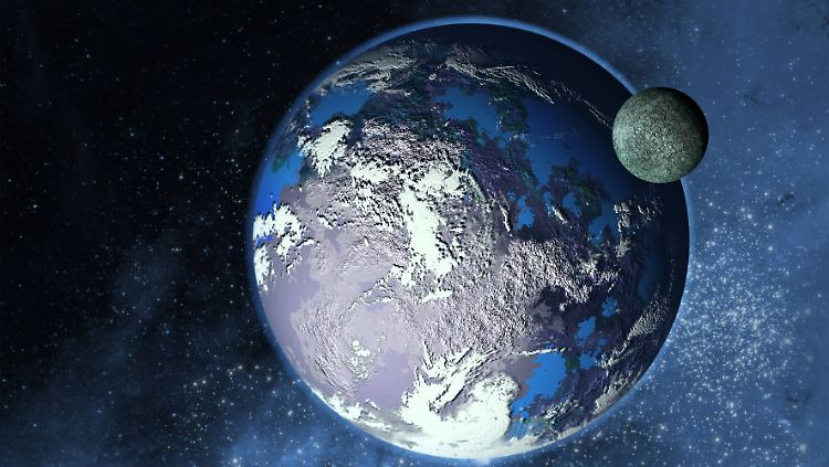 Ein Hyperteleskop könnte einen Exoplaneten so ähnlich darstellen wie bei dieser Grafik: mit Ozeanen und Kontinenten.