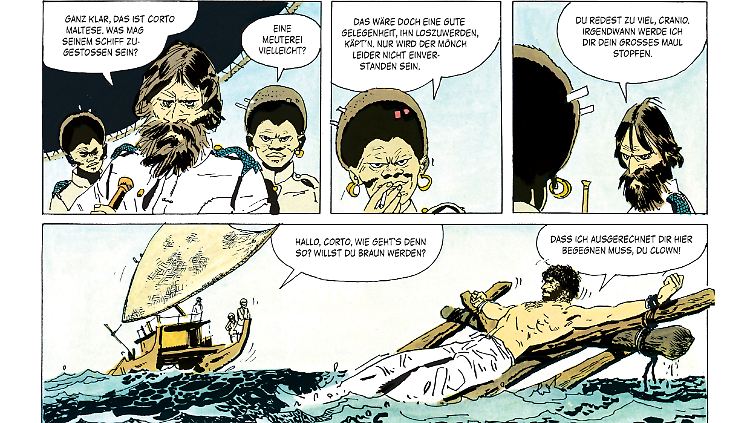 Der erste Auftritt von Corto Maltese: An ein Floß gefesselt wird er aus dem Meer gefischt.