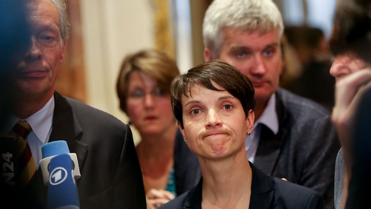 Petry mit AfD-Kollege Hampel bei Pressestatement nach dem gescheiterten Treffen mit dem Zentralrat der Muslime.