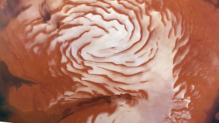 Die Spiralen auf der Aufnahme zeugen von Fortschreiten und Rückzug der Eiszeit auf dem Mars.