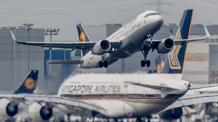 Eine Lufthansa-Maschine hebt vom Frankfurter Flughafen ab.