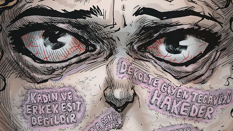 Cover der Zeitschrift "Uykusuz". Auf dem Gesicht ist zu lesen: "Gewalt gegen Frauen … übertrieben", "Freizügige Frauen verdienen Vergewaltigung", "Frauen und Männer sind nicht gleich", "Hätten sie besser aufgepasst", "Mädchen oder Frau, egal".