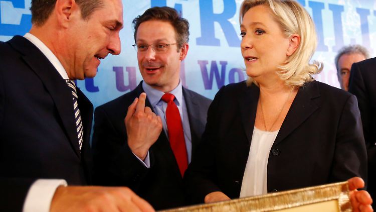 Die drei träumen von einem Aufbruch des rechten Lagers: Heinz Christian Strache, Marcus Pretzell und Marine Le Pen.