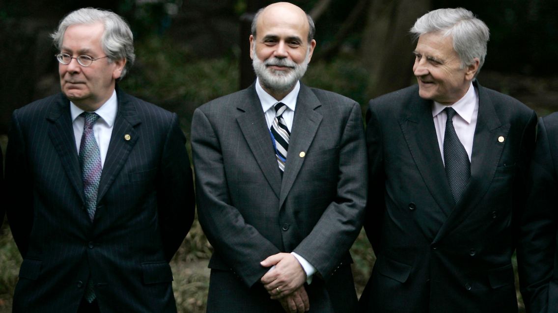 Großbritanniens Notenbankchef King, Fed-Chef Bernanke und der Präsident der EZB, Trichet.