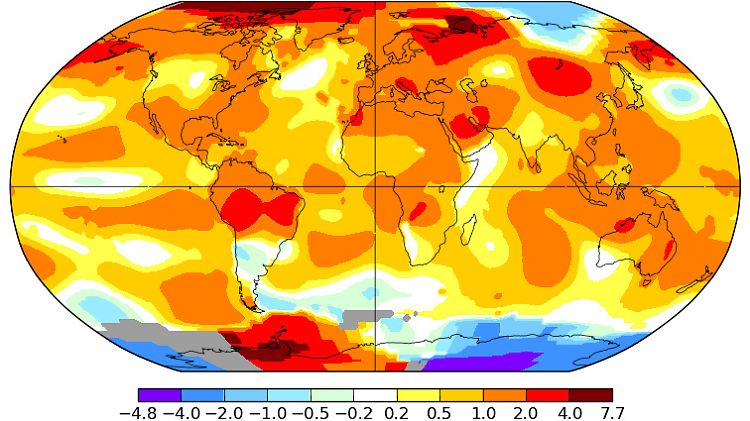 Die Temperaturabweichungen im Juli 2016 gegenüber dem von 1951 bis 1980 ermittelten Juli-Durchschnitt.