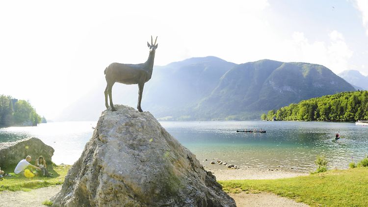 See und Steinbock-Plastik am Triglav.
