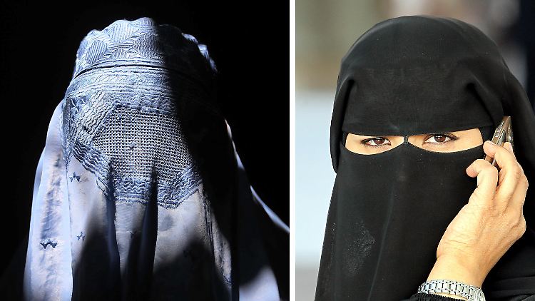 Bei der Burka (l.) verfügen die Frauen nur über ein Netz als Sichtmöglichkeit, beim Nikab (r.) sind die Augen ganz zu sehen. 