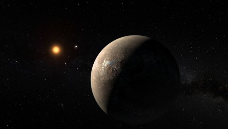 Fahles, rötliches Licht scheint vom Stern Proxima Centauri auf den neu entdeckten Planeten.