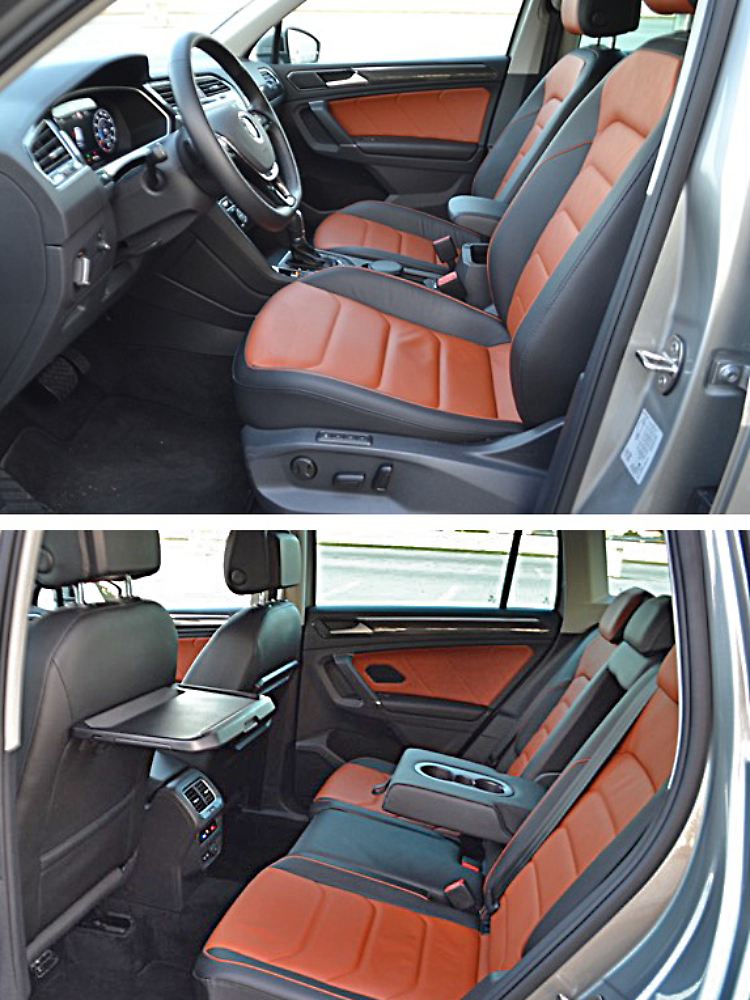 Die Sitze sind elektrisch verstellbar und mit Leder bezogen, hinten gibt es im neuen Tiguan jetzt mehr Platz.