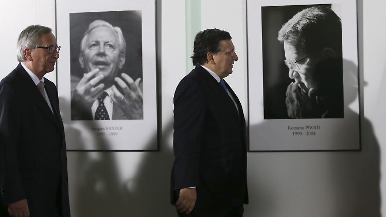 An dieser Ahnenwand der ehemaligen EU-Kommissionpräsidenten wird José Manuel Barroso zwar noch auftauchen. Aber ansonsten werden die Ehren für den Ex-Präsidenten durch Jean-Claude Juncker (links) eingeschränkt.