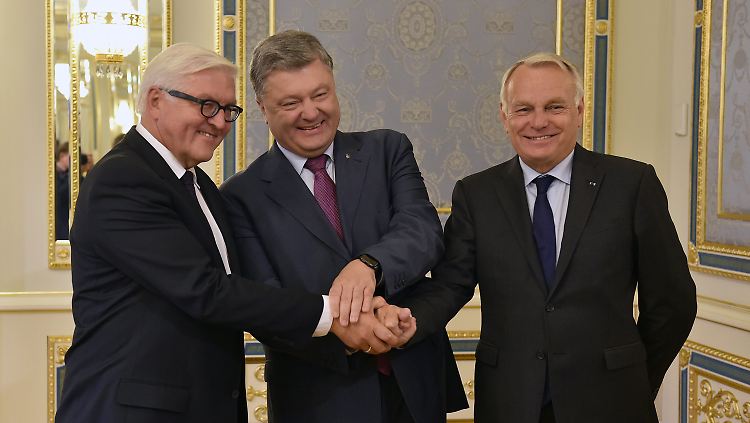 Außenminister Steinmeier und sein französischer Kollege hatten sich in Kiew mit dem ukrainischen Präsidenten (m) getroffen.