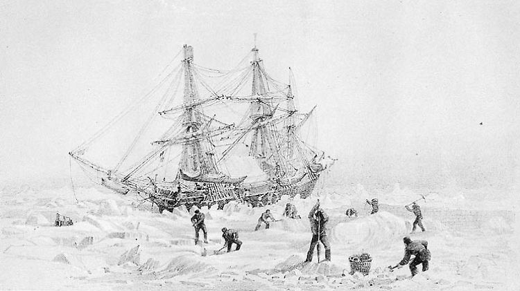 Die Zeichnung von Kapitän George Back zeigt die HMS Terror, die im Eis feststeckt.