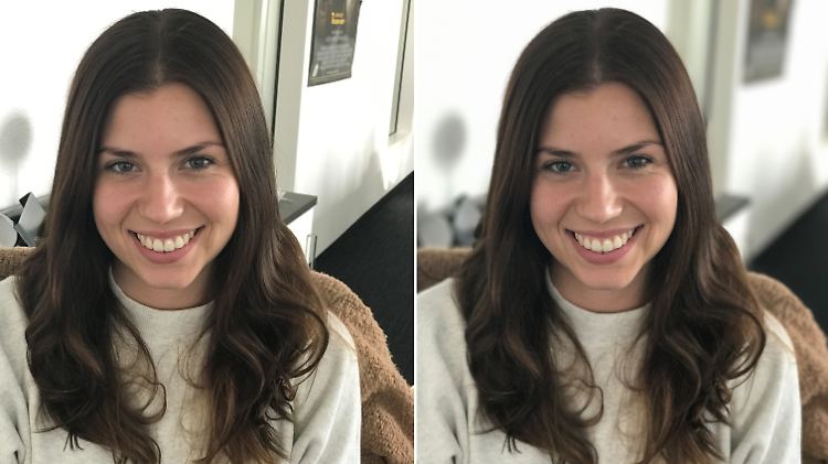 Kollegin Vivian erst mit dem Zweifach-Objektiv, dann im Porträt-Modus fotografiert. Bei ihr waren die Haare kein Problem für die Software.