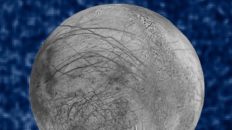 Dieses Bild zeigt mögliche Wasserdampfschwaden auf dem Mond Europa.