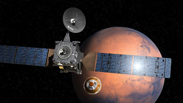 Die Illustration zeigt, wie sich "Schiaparelli" vom Trägersatelliten trennen und Richtung Mars bewegen soll.