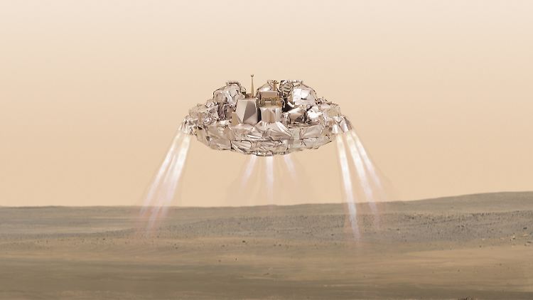 Die Landung ist ein heikles Manöver: Auf den letzten Metern aktivieren sich die Raketen. Vorher wird Schiaparelli durch die Mars-Atmosphäre und einen Fallschirm gebremst.