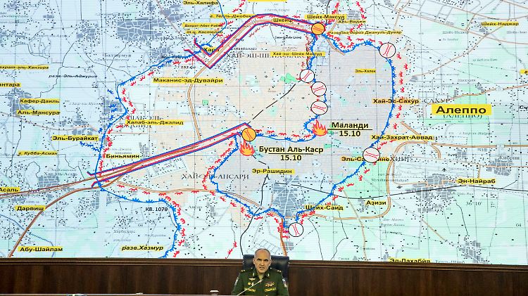 Russlands Generalleutnant Sergej Rudskoi stellte die Pläne für die Feuerpause in Aleppo am Montag vor. 