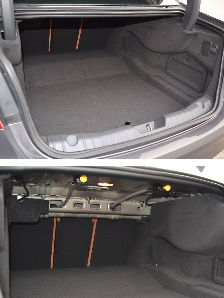 Der Kofferaum des Jaguar XF fasst 540 Liter, die Entriegelung der im Verhältnis 40/20/40 zu teilenden Rückbank erfolgt über Bowdenzüge.