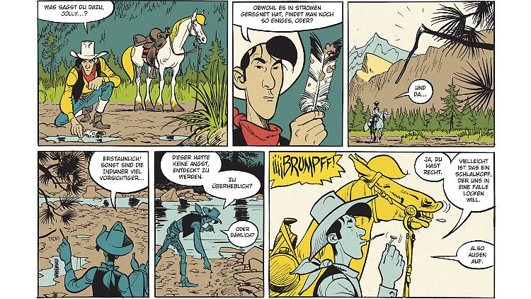 Lucky Luke begibt sich auf die Spur eines Postkutschenüberfalls.