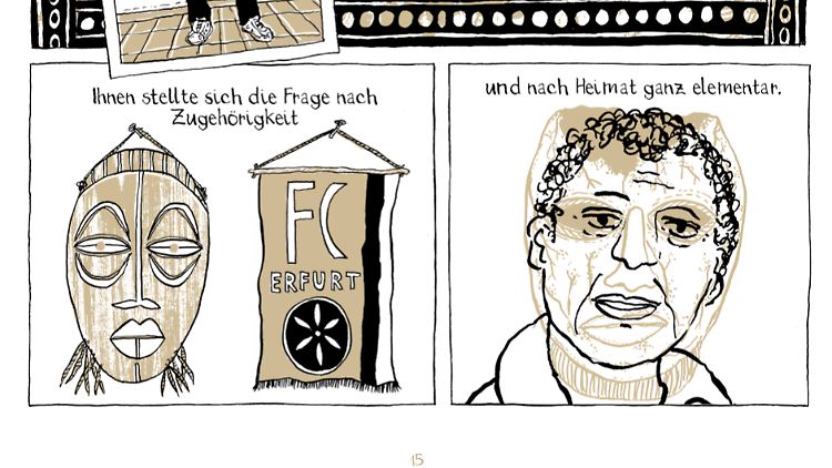 Afrikanische Maske und deutscher Fußball-Wimpel - die "Madgermanes" sind verloren zwischen den Kulturen.