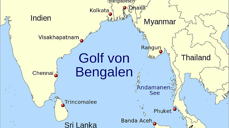 Die Karte zeigt die angrenzenden Länder am Golf von Bengalen. 