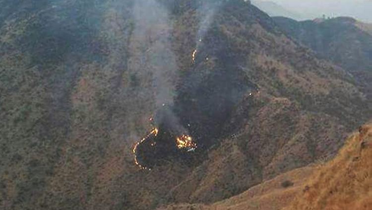 Ein Bild von der Absturzstelle: Das Flugzeugwrack steht in Flammen.  