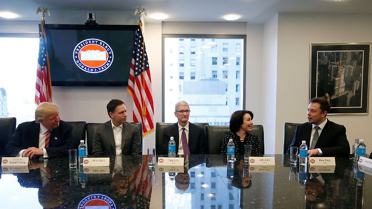 Der künftige US-Präsident Donald Trump, Paypal-Gründer Peter Thiel, Apple-Chef Tim Cook, Oracle-Chefin Safra Catz und Tesla-Chef Elon Musk (von l.)