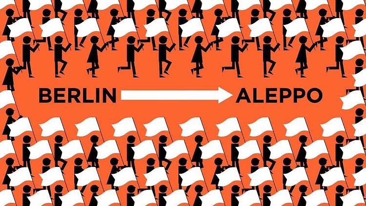 Eine weiße Flagge auf rotem Grund schmückt die Webseite "Civil March For Aleppo".