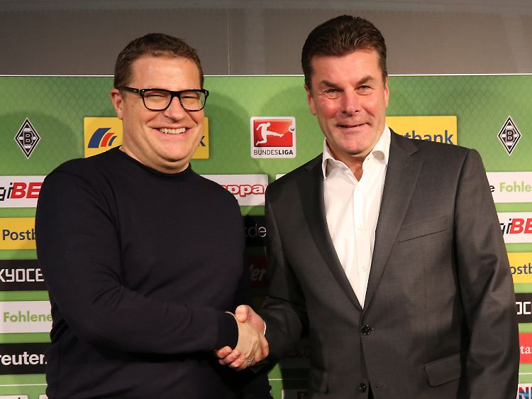 Galdbachs Sportdirektor Max Eberl und Neu-Trainer Dieter Hecking waren sichtlich gut gelaunt bei der Pressekonferenz im Borussia-Park.