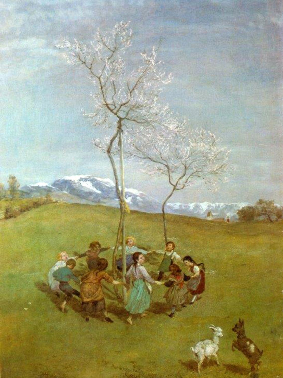 Das ist das Gemälde um das es geht: "Frühling im Gebirge / Kinderreigen" heißt es, gemalt hat es Hans Thoma.