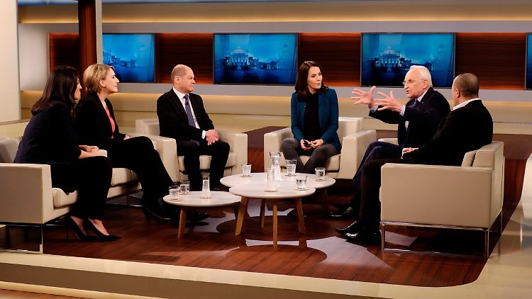 Anne Wills Gäste: Düzen Tekkal, Simone Peter, Olaf Scholz, Edmund Stoiber und Samy Charchira (v.l.).