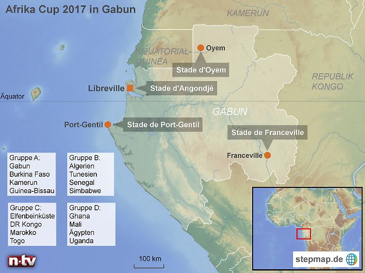 Austragungsorte am Äquator: Die Lage der Spielorte des Africa Cup 2017.
