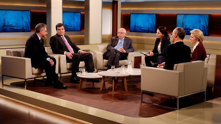Wills Gäste, von links nach rechts: Dieter Kempf, Ralph Freund, Günther Verheugen, Michael Wolffsohn und Ursula von der Leyen.