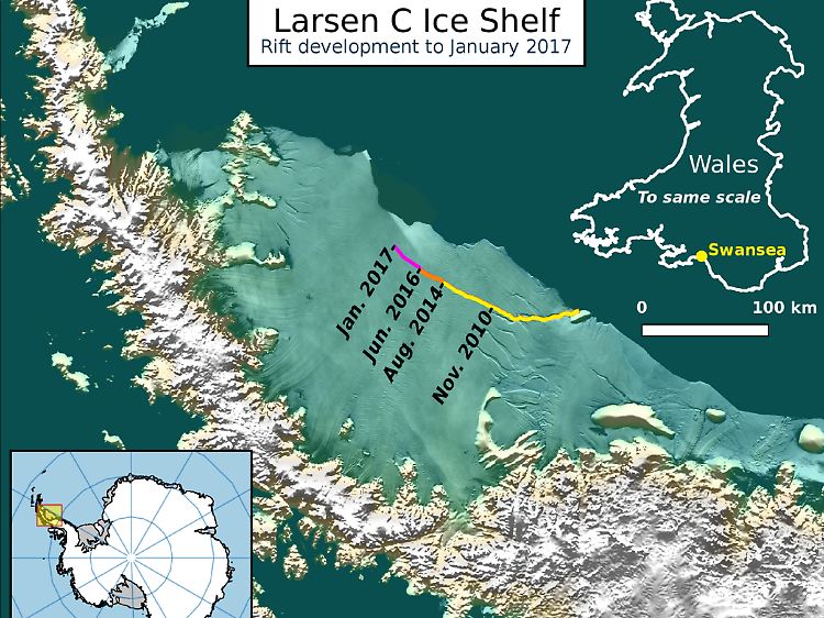 Der Riss trennt das Eis zunehmend vom Festland (Mitte oben). So könnte dort bald ein neuer riesiger Eisberg entstehen.