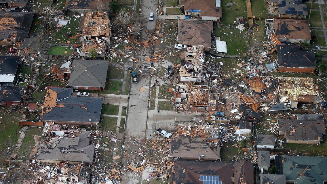 Destroyed and damaged homes are seen in this aerial photo after a tornado tore through the eastern neighborhood in New Orleans, Tuesday, Feb. 7, 2017. Gov. John Bel Edwards has declared a state of emergency for Louisiana after a severe storm moved across the state's southeast corner, including the parishes of Ascension, Livingston, Orleans, St. James, St. Tammany and Tangipahoa. (AP Photo/Gerald Herbert)