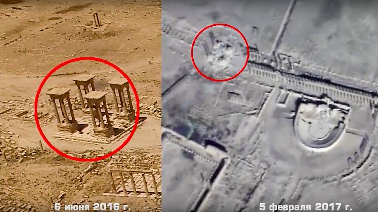 Vorher - nachher: Die aktuelle russische Drohnenaufnahme zeigt die Zerstörung des Tetrapylon. 