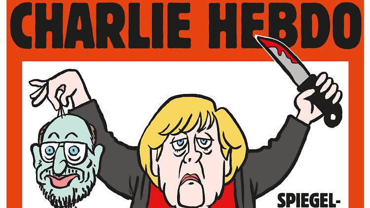 Angela Merkel köpft Martin Schulz: Das fanden nicht alle Leser von "Charlie Hebdo" lustig.
