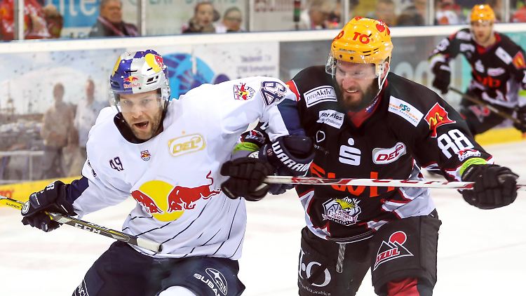 Münchens Richie Regehr (links) im Zweikampf mit dem Bremerhavener Jack Combs.
